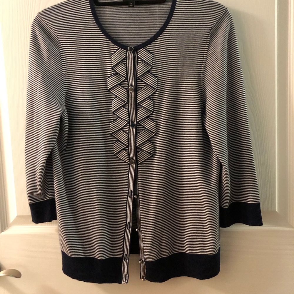 Talbots Navy and White Striped Button-Up Cardigan